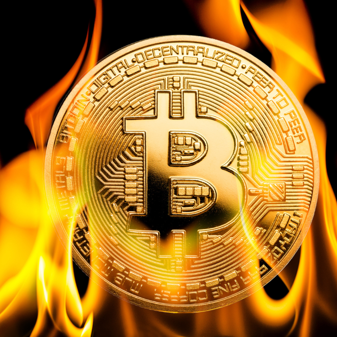 Es handelt sich um einen Bitcoin, der im Rahmen der Kurs Korrekturen durch Feuer verschlungen wird.